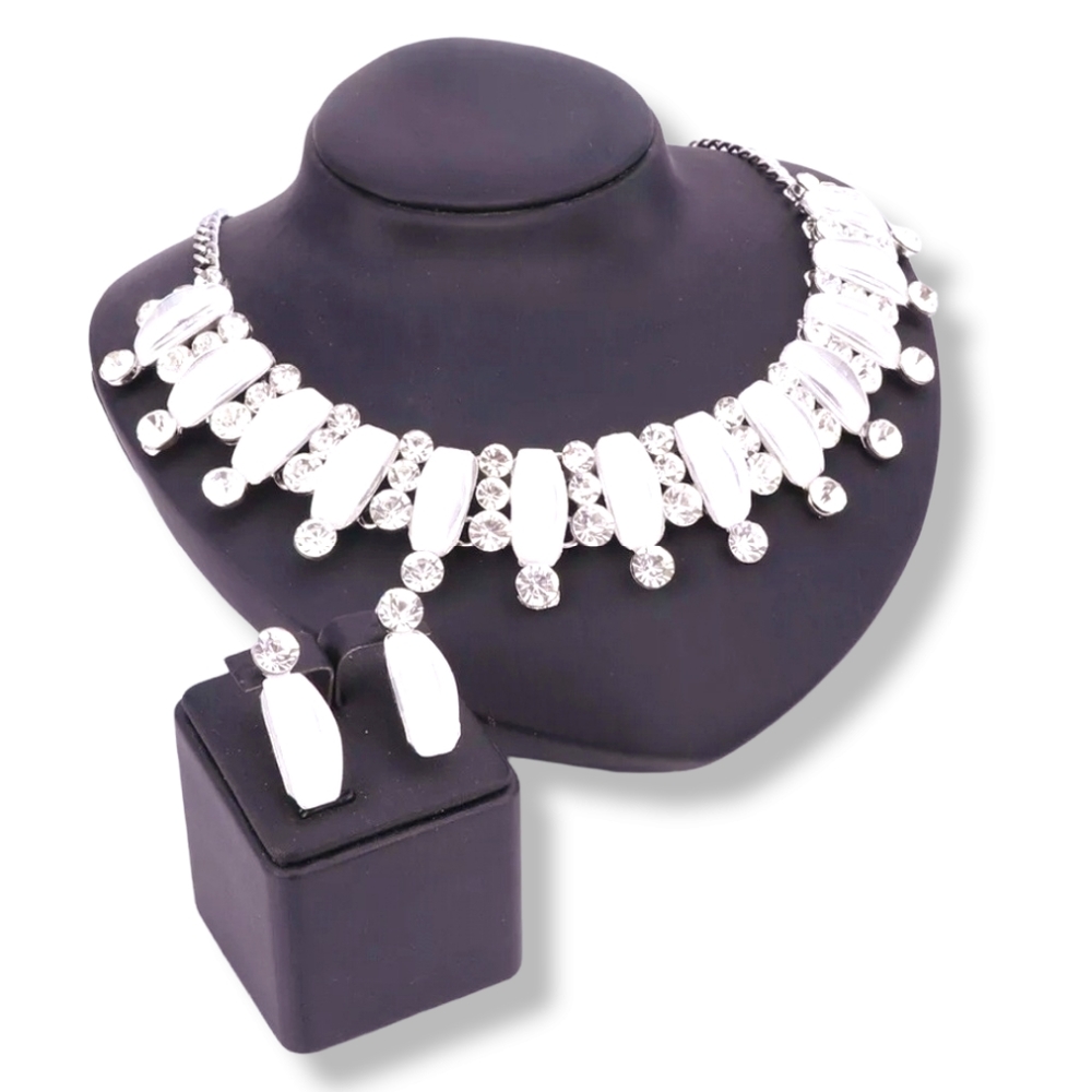 Silver plated white crystal necklace earrings set